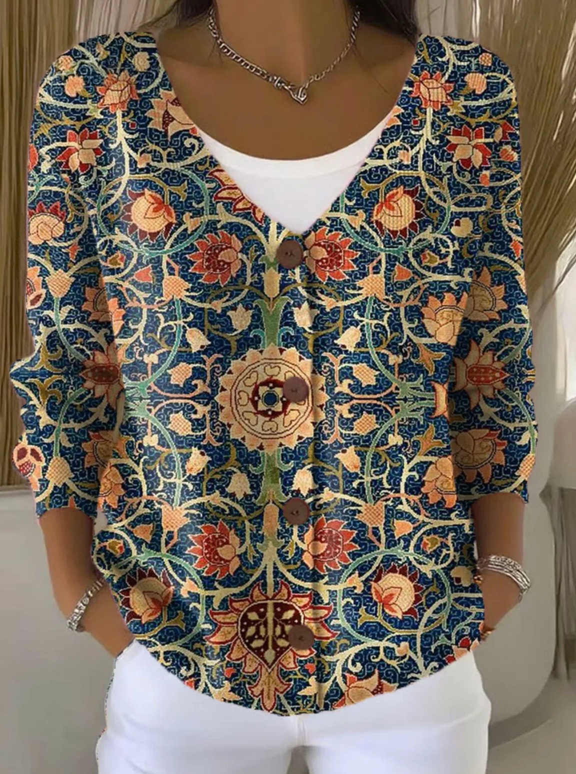 Vintage Flower Art Print Buttoned V-neck Cardigan Sweater