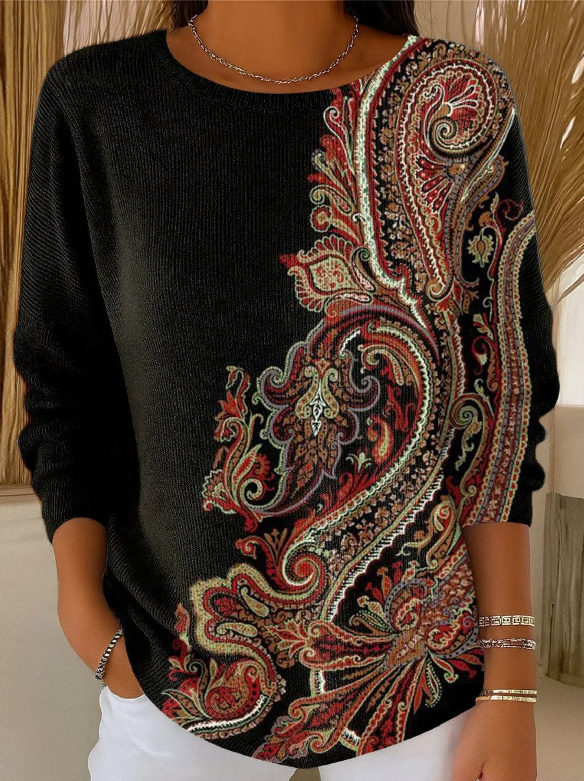 Women's Retro Ethnic Art Flowers Print Knit Turtleneck Pullover Sweater