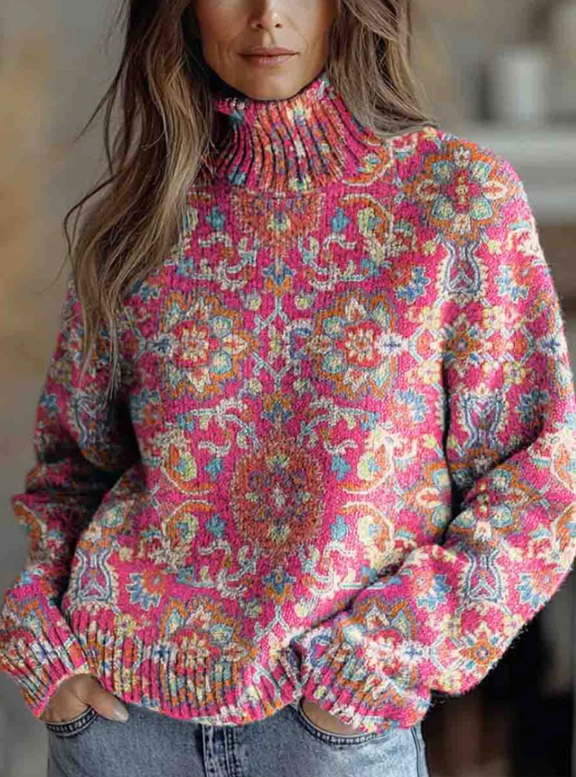 Women's Retro Ethnic Art Flowers Print Knit Turtleneck Pullover Sweater